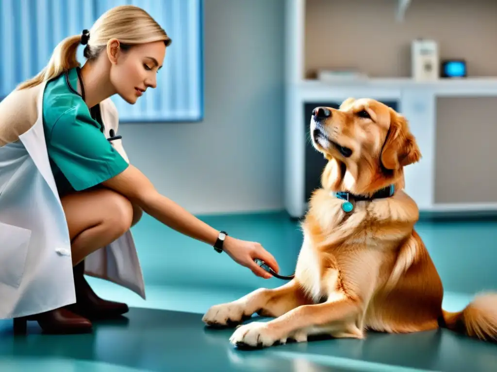 Un veterinario examina con cariño la pata de un perro, creando un vínculo de confianza