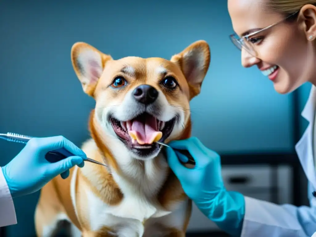 Examen dental canino: precisión y cuidado veterinario Un veterinario realiza un chequeo dental a un perro feliz en una clínica veterinaria, mostrando cuidado y precisión