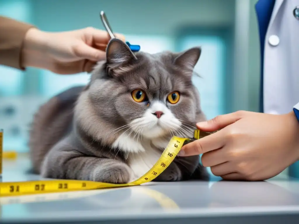 Veterinario midiendo cintura de gato: cuidado y precisión Veterinario midiendo cintura de gato con cinta métrica suave en clínica moderna