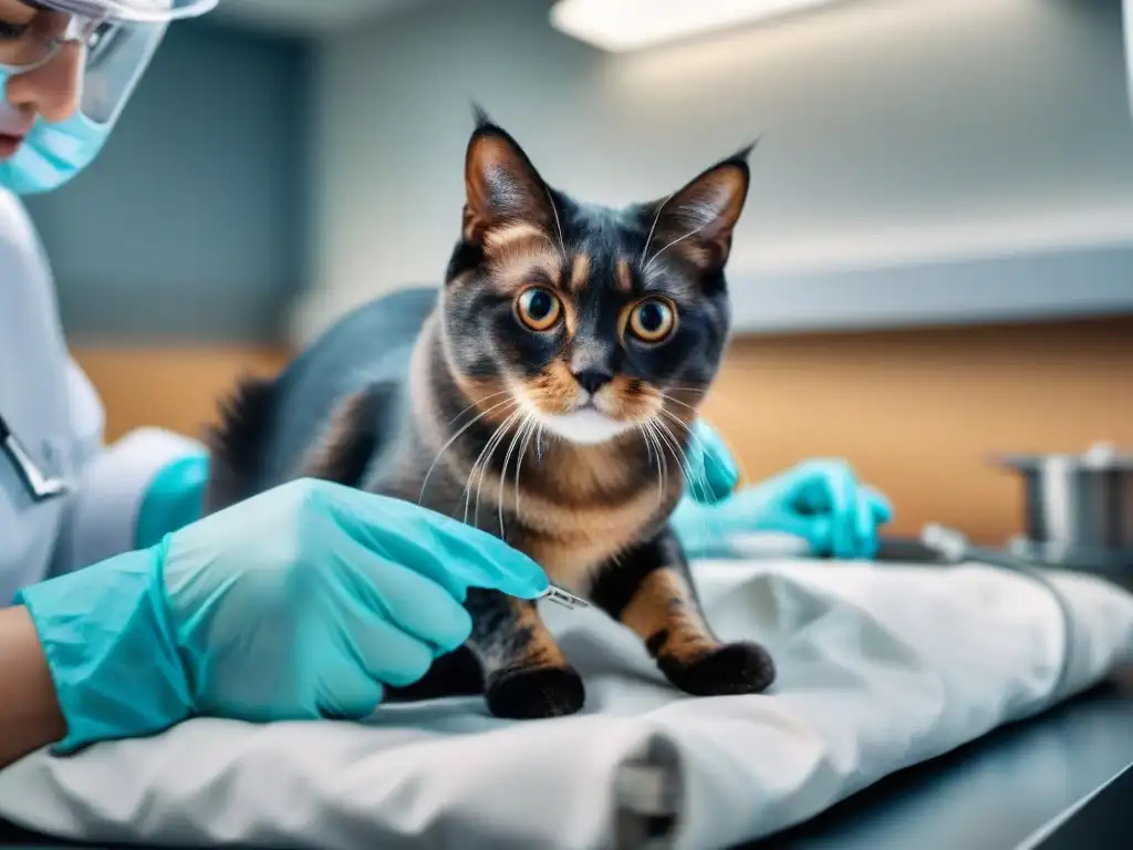 Veterinario realiza cirugía de esterilización felina en clínica moderna Un veterinario realiza una cirugía de esterilización a un gato en una clínica moderna y equipada, mostrando profesionalismo y calma