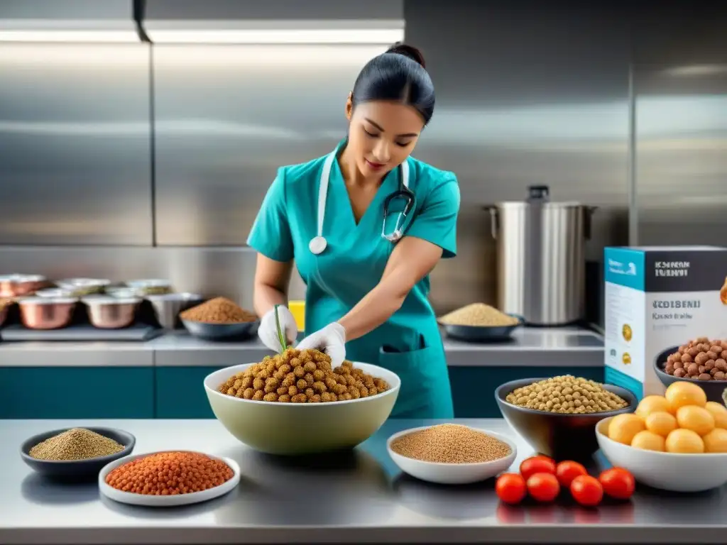 Veterinario preparando comida balanceada para mascotas con precisión Veterinario preparando comida balanceada para mascotas, previniendo enfermedades