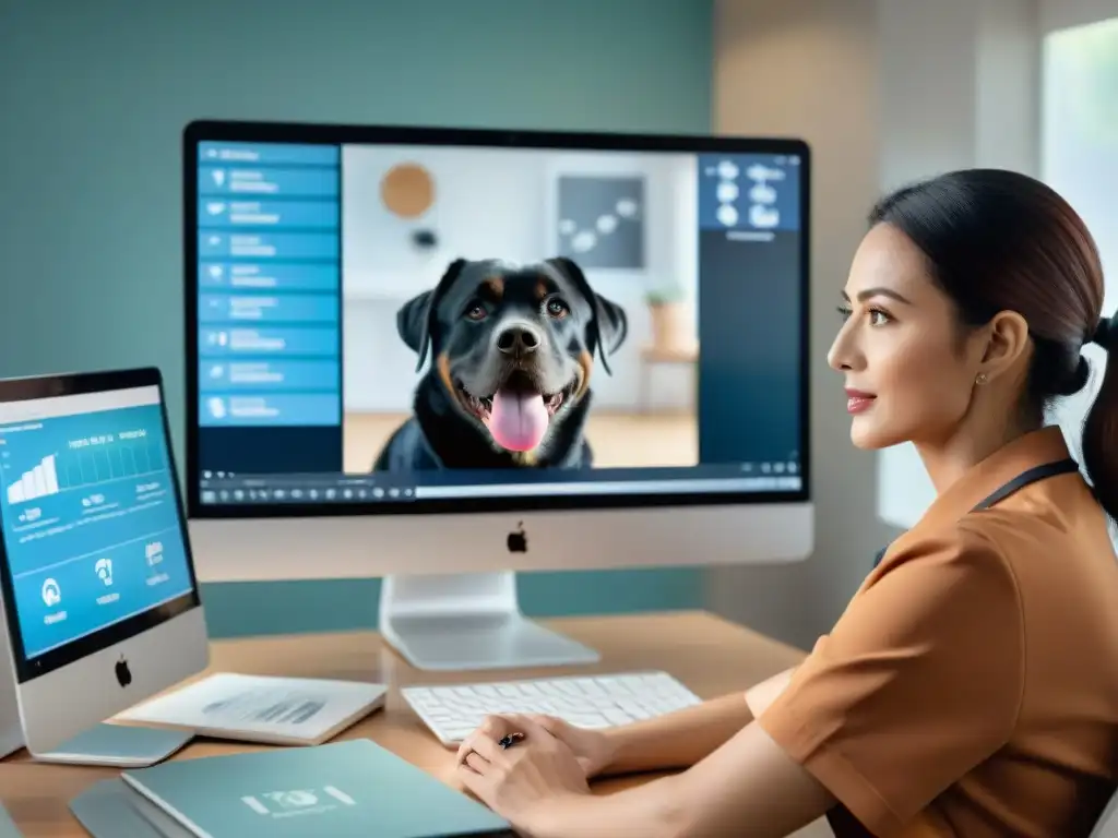 Veterinario compasivo en consulta virtual: confianza y profesionalismo Un veterinario compasivo en una consulta online, escuchando atentamente a un dueño preocupado