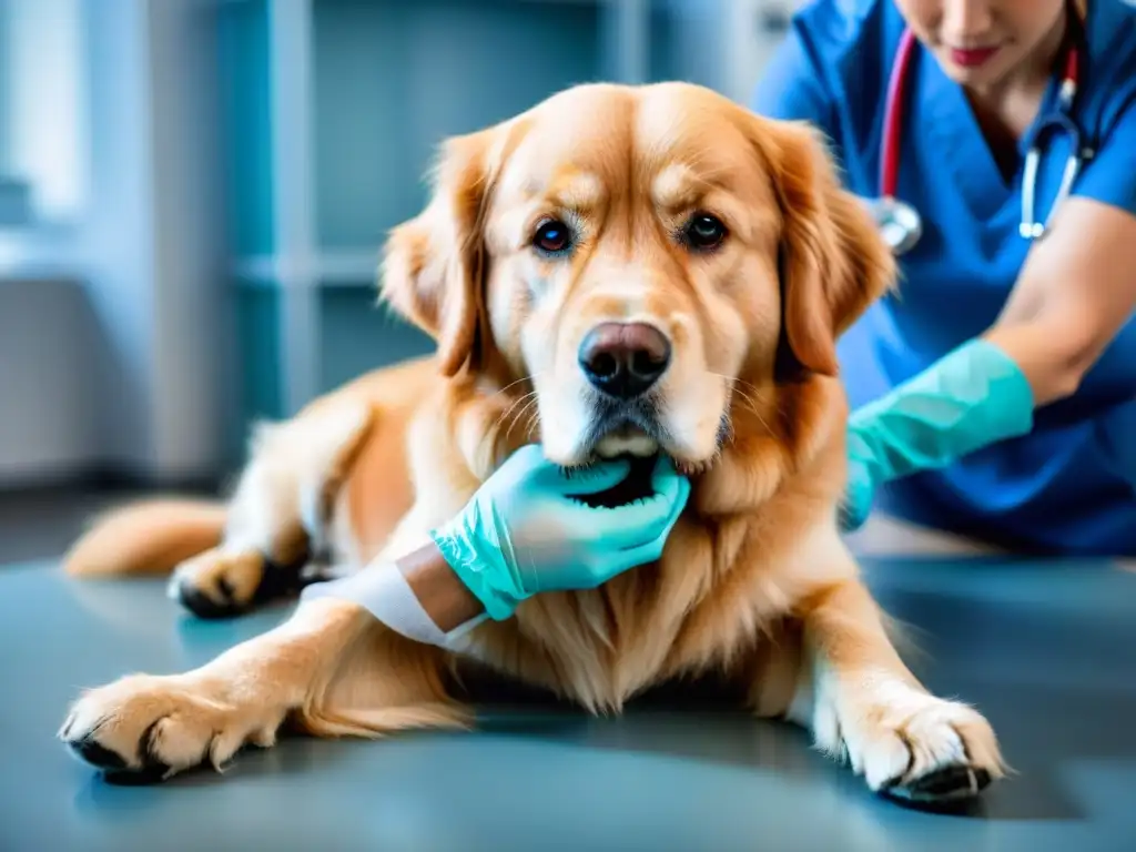 Veterinario atento y compasivo vendando pata de golden retriever en clínica Un veterinario concentrado y compasivo vendando la pata de un tierno golden retriever en una clínica serena