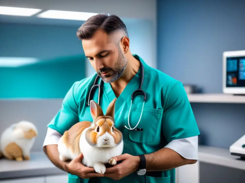 Veterinario examina conejito: cuidado y profesionalismo Un veterinario examina amorosamente a un conejo en una clínica moderna
