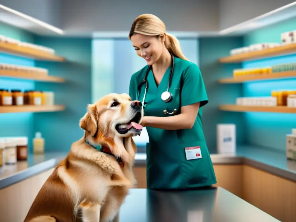 Veterinario escuchando corazón de golden retriever en clínica moderna Veterinario escuchando el corazón de un golden retriever en consulta médica, destacando prevención enfermedades cardíacas mascotas medicamentos