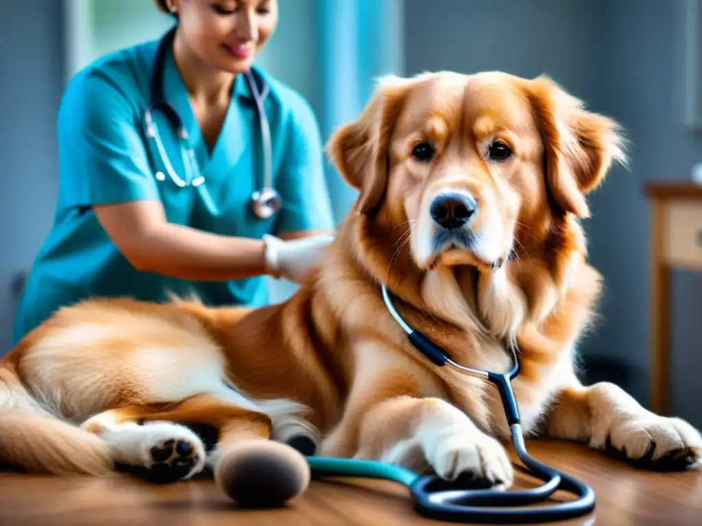 Veterinario escuchando el corazón de un golden retriever con cuidado Veterinario escuchando el corazón de un golden retriever, transmitiendo cuidado y confianza