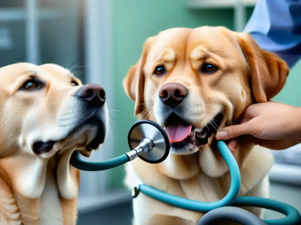 Profesional veterinario ausculta con cuidado a un Labrador relajado Un veterinario escuchando el corazón de un Labrador durante un chequeo de salud en clínica veterinaria