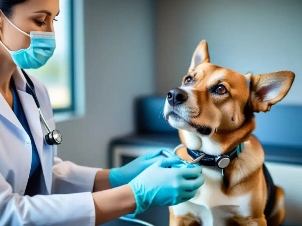 Examen veterinario alegre y detallado de perro saludable Un veterinario escucha el corazón de un perro contento en una clínica moderna