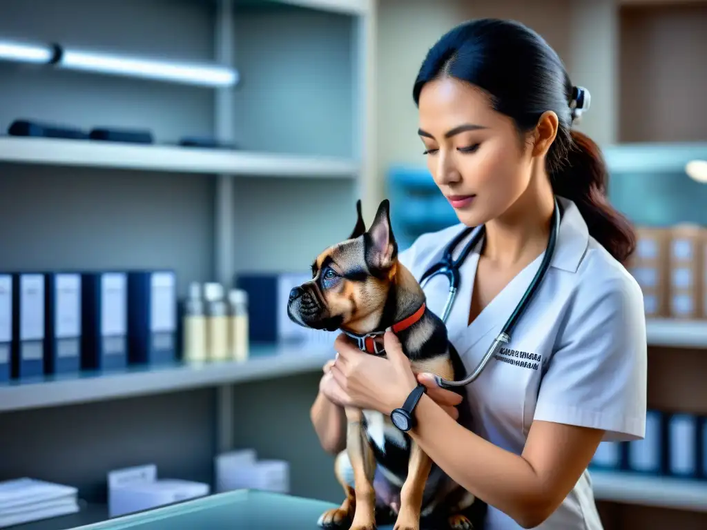 Veterinario escuchando el corazón de un perro con atención y compasión Veterinario escuchando el corazón de un perro con estetoscopio, en clínica con medicamentos
