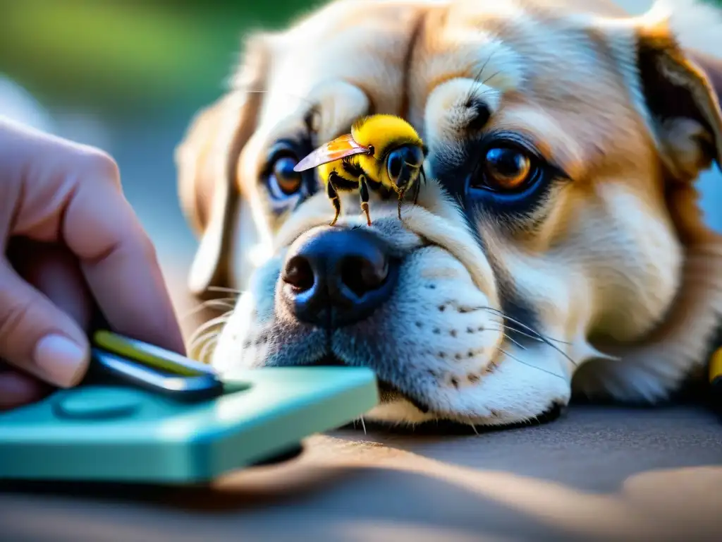 Extracción cuidadosa de aguijón de abeja en pata de perro Un veterinario retirando con cuidado un aguijón de abeja de la pata de un perro, en un entorno clínico tranquilo y profesional