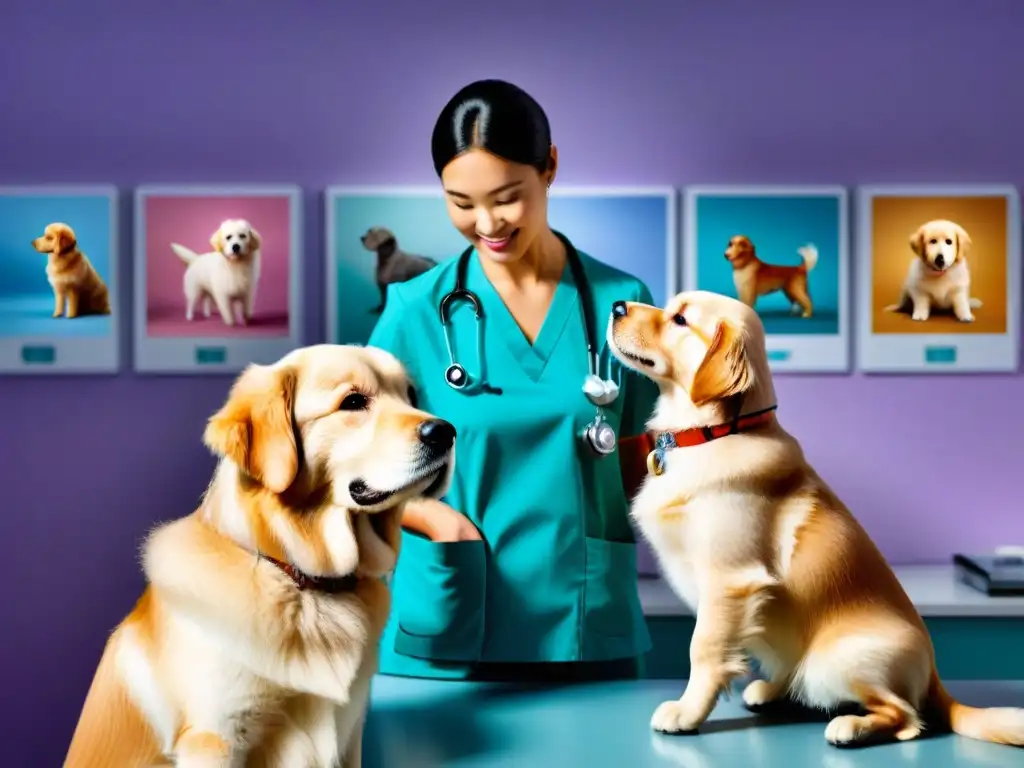 Examen veterinario detallado: cuidado y confianza en clínica moderna Un veterinario examina con cuidado a un cachorro de golden retriever en una clínica moderna y brillante