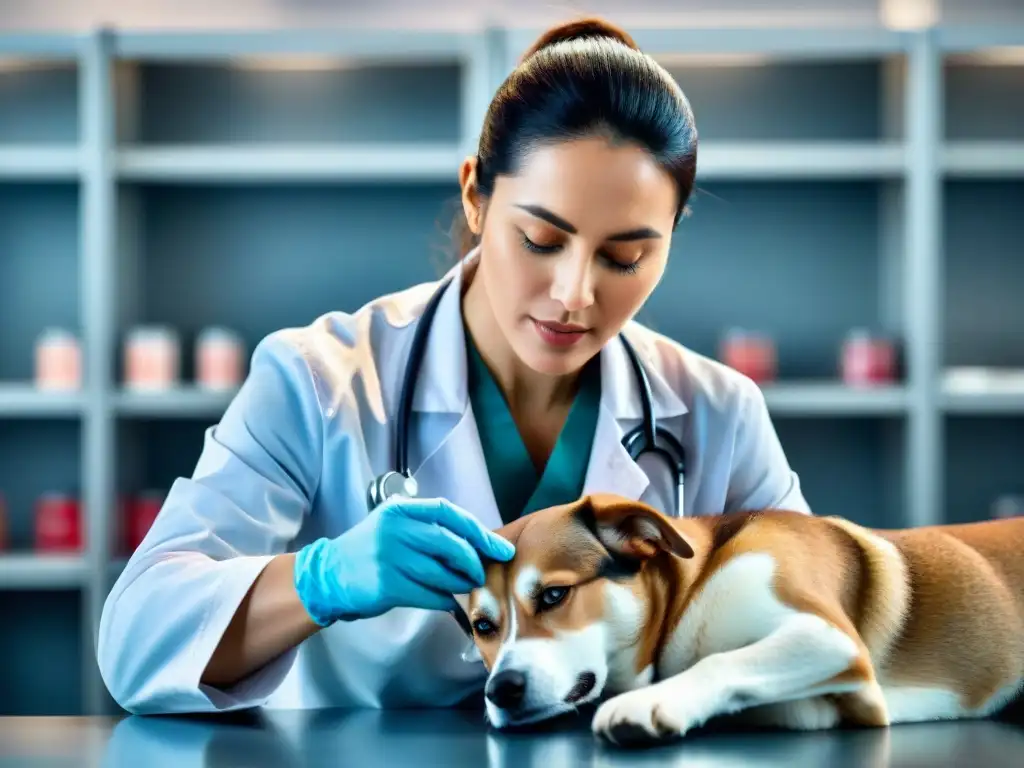Veterinario examinando corazón de perro con seriedad Un veterinario examina con cuidado el corazón de un perro en una clínica, destacando la importancia de prevenir enfermedades cardíacas mascotas