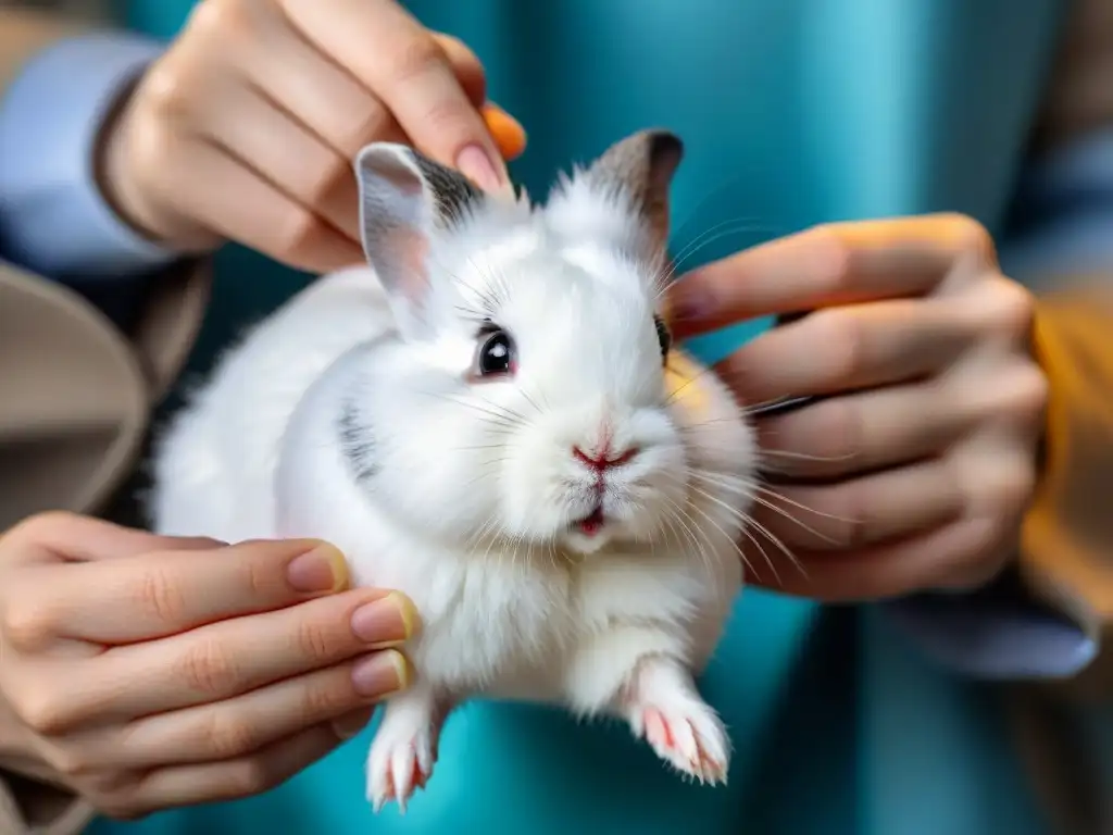 Examen dental experto en conejos: cuidado preventivo Un veterinario examina con cuidado los dientes de un conejo blanco, destacando la importancia de la prevención enfermedades comunes conejos hámsters