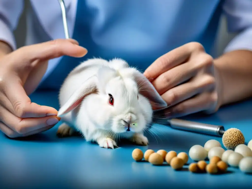 Examen dental detallado: cuidado experto para mascotas pequeñas Un veterinario examina con cuidado los dientes de un conejo blanco, resaltando la prevención de enfermedades comunes en conejos y hámsters