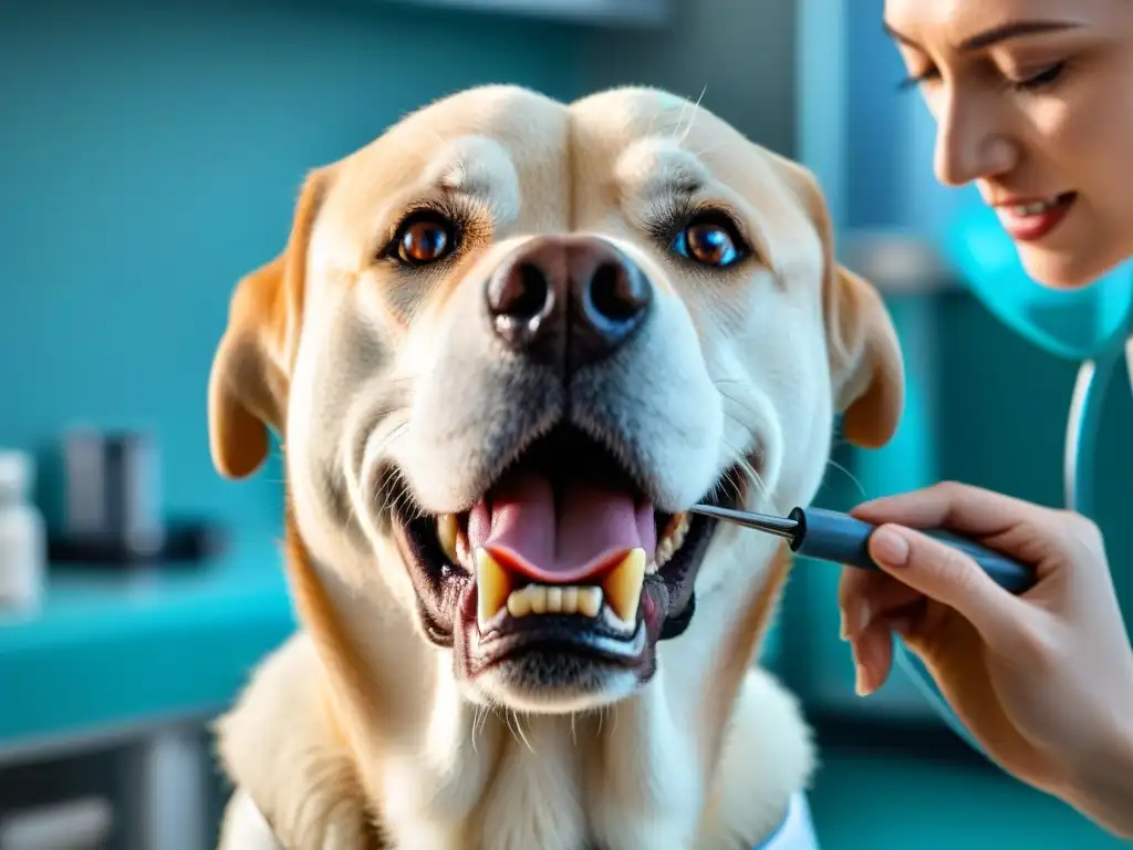 Examen dental canino: Cuidado y confianza en detalle Veterinario examinando con cuidado los dientes de un Labrador confiado, destacando la prevención del dolor crónico en mascotas