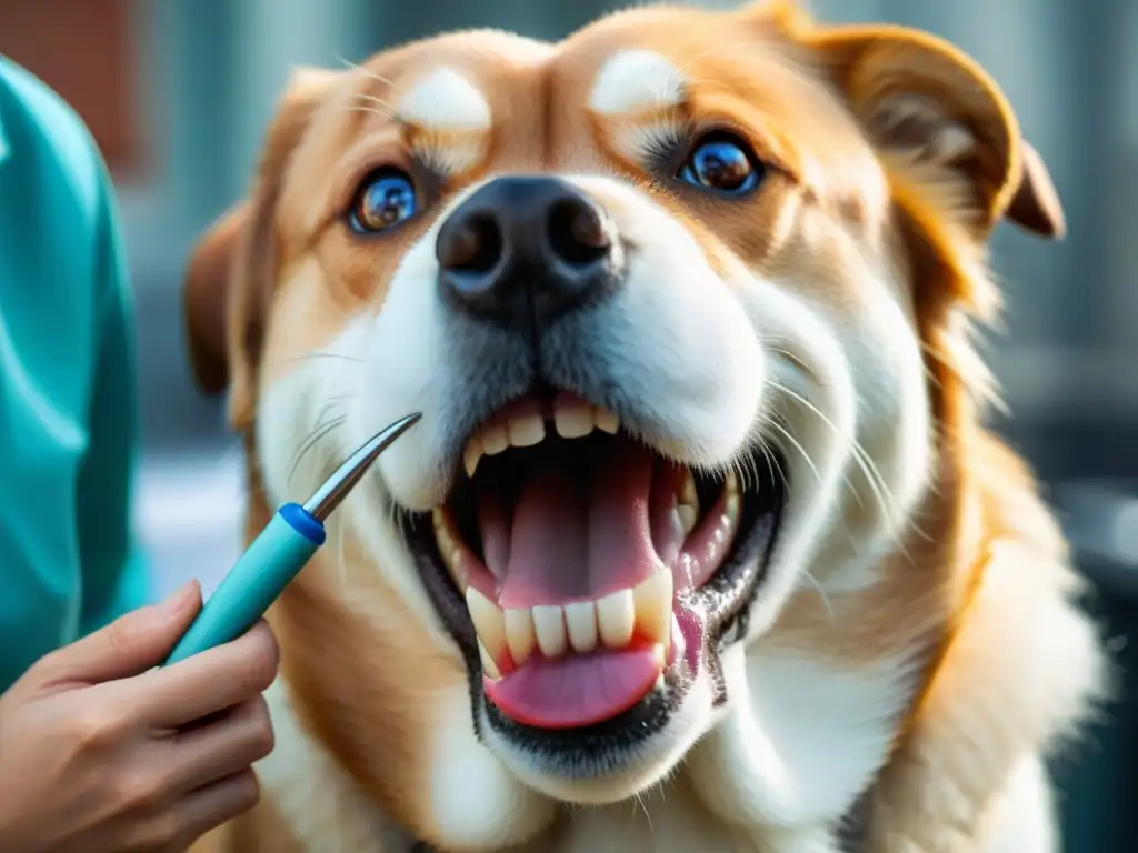 Examen dental canino: clave en prevención de plagas Un veterinario examina con cuidado los dientes de un perro sano y feliz, destacando la importancia de la prevención de plagas en mascotas