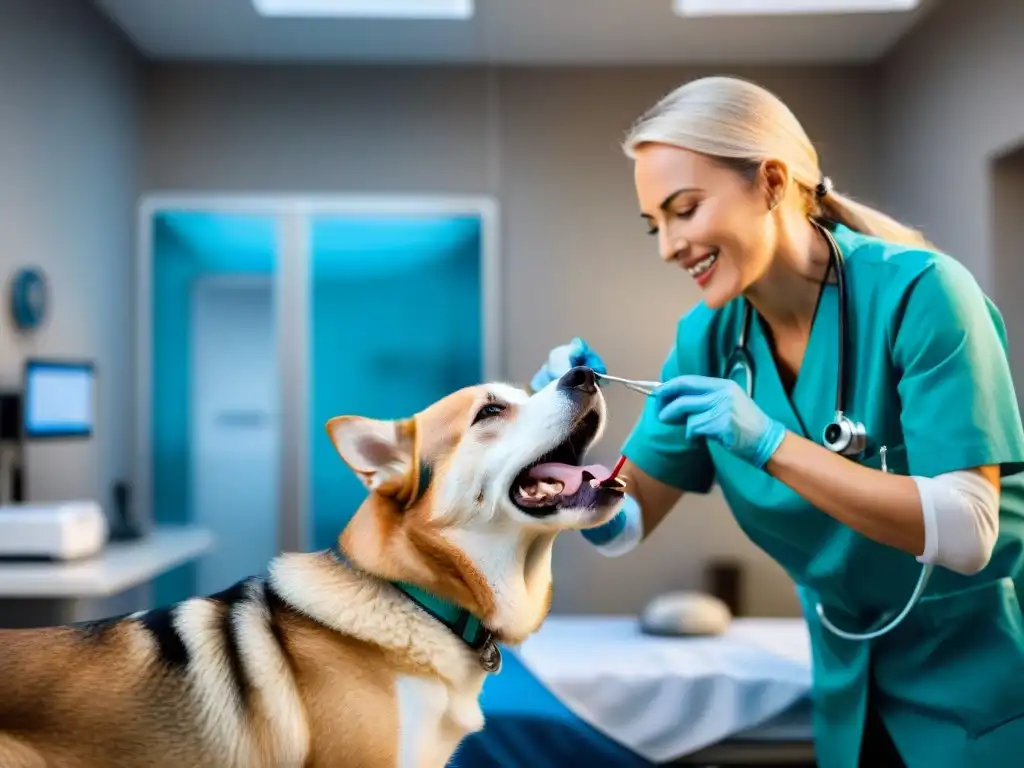 Conmovedora revisión dental de perro mayor en veterinaria Un veterinario examina con cuidado los dientes de un perro mayor en la consulta, transmitiendo prevención enfermedades comunes mascotas senior