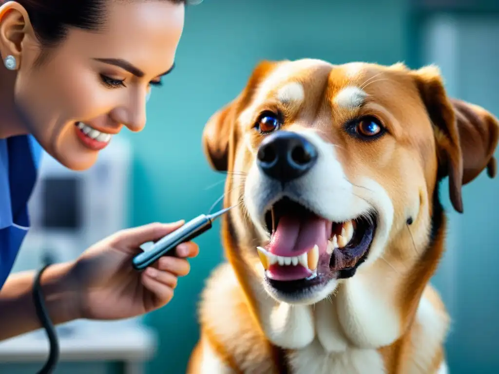 Veterinario examinando con cuidado los dientes de un perro, destacando la importancia de la salud dental en mascotas durante chequeos detallados