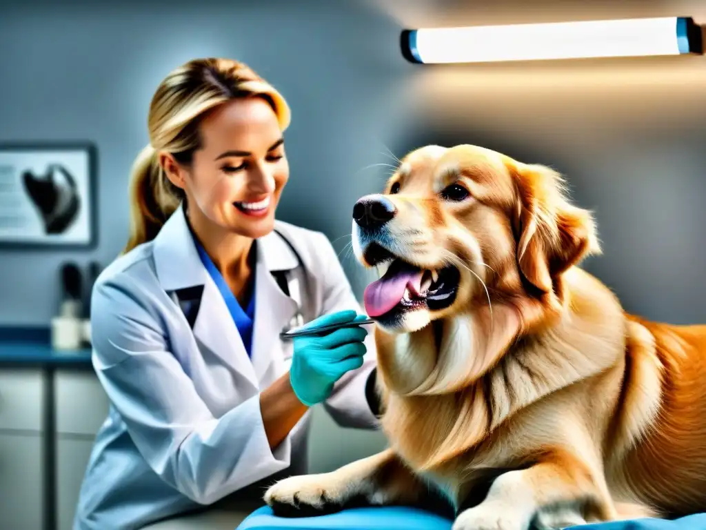 Examen dental canino: cuidado profesional y compasivo Un veterinario examinando con cuidado los dientes de un golden retriever relajado en una clínica veterinaria