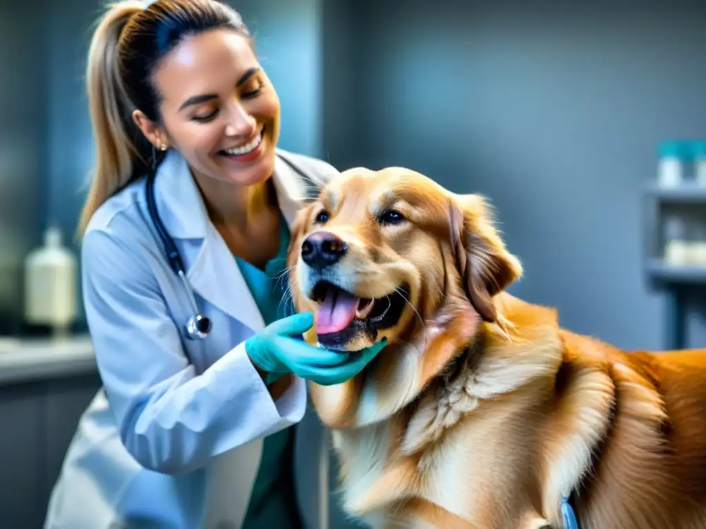 Dentista veterinario cuidando dientes de perro con amor Un veterinario examina con cuidado los dientes de un golden retriever relajado bajo una luz brillante, destacando el seguro dental para mascotas
