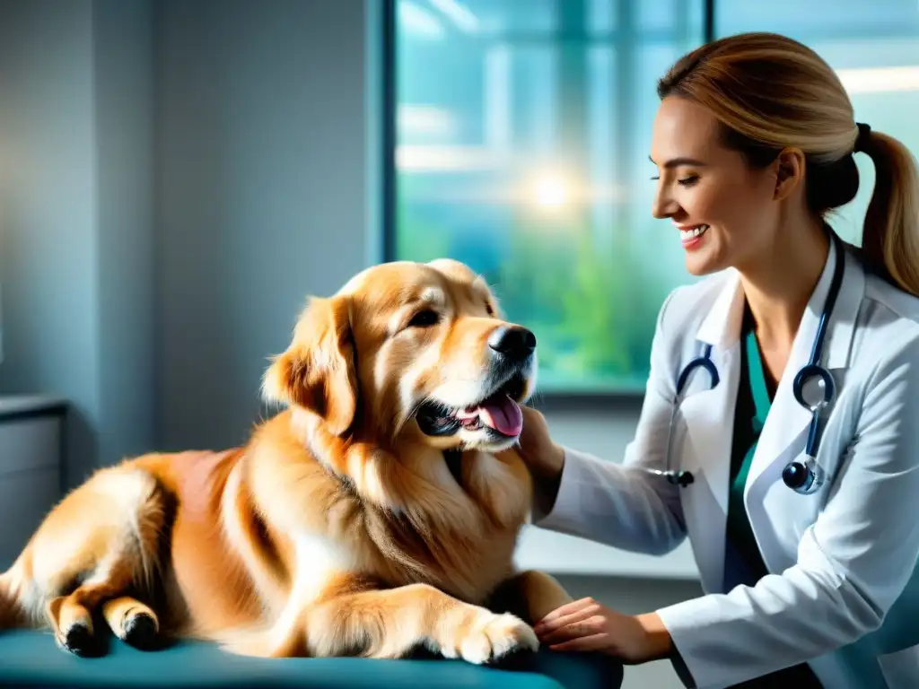 Veterinario examinando alegre golden retriever en clínica moderna Veterinario examinando con cuidado a un dorado y relajado golden retriever en clínica moderna