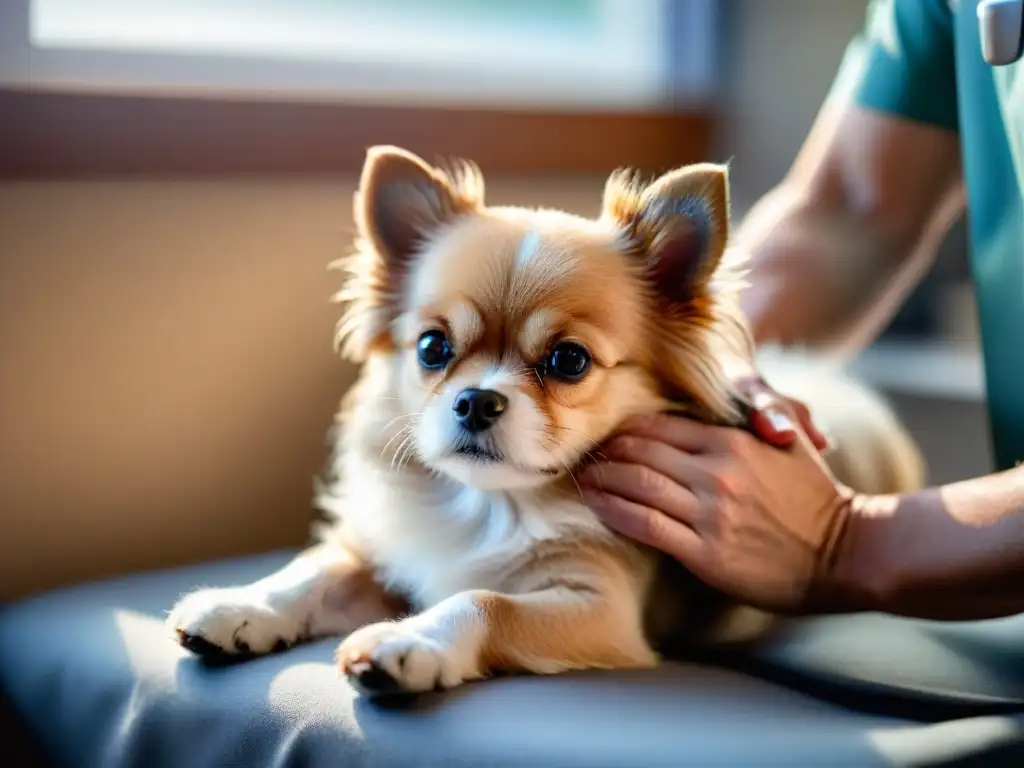 Masaje reconfortante: veterinario cuidando a perro peludo Un veterinario masajea con cuidado la espalda de un pequeño perro peludo, transmitiendo confianza y alivio