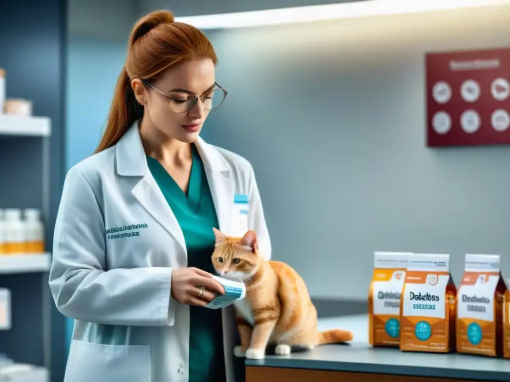 Veterinaria cuidando gato diabético: detalle inspirador Un veterinario examina con cuidado a un gato diabético en una clínica, demostrando interacción medicamentos mascotas diabéticas
