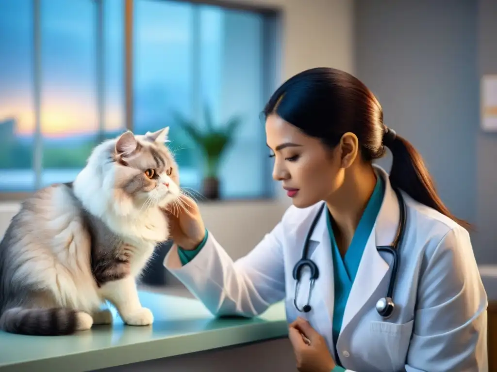 Veterinario examinando con cuidado los oídos de un gato persa blanco en clínica moderna