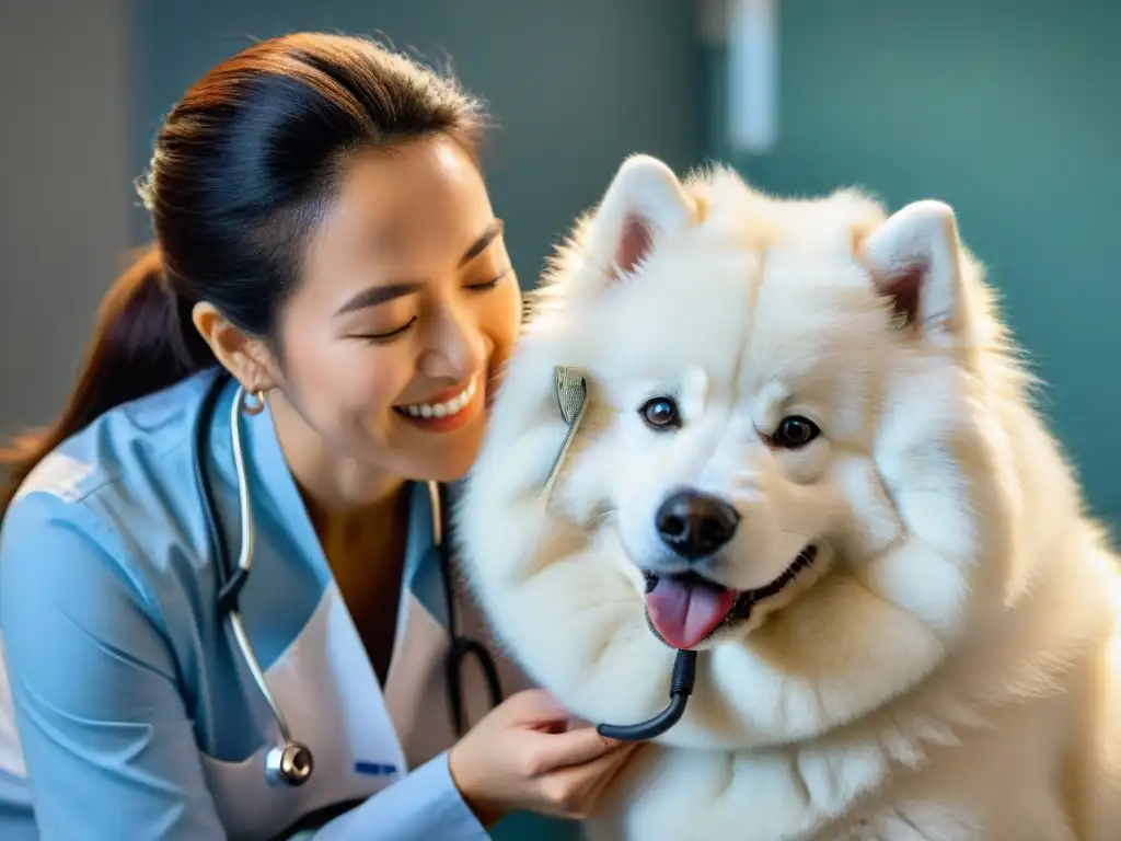 Veterinario examinando con cuidado los oídos de un Samoyedo blanco en una clínica moderna