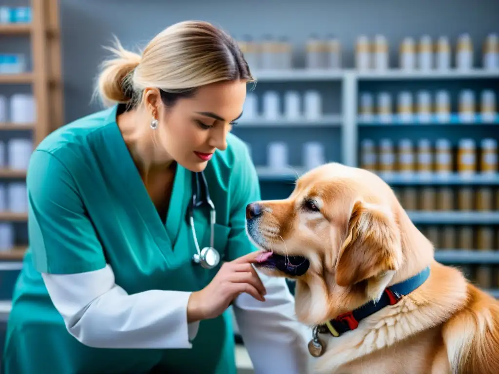Exploración ocular: veterinario cuidadoso y perro confiado en chequeo Veterinario examinando con cuidado los ojos de un golden retriever durante revisión regular