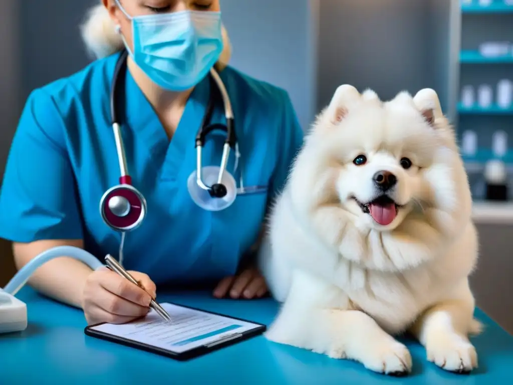 Examen veterinario detallado de Samoyedo blanco en clínica moderna Veterinario examinando con cuidado a un perro Samoyedo blanco en clínica moderna, rodeado de instrumentos médicos