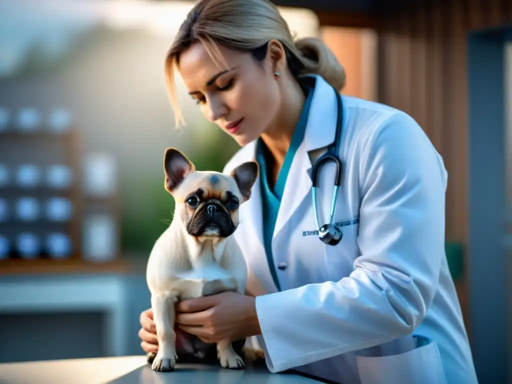 Veterinario cuidadoso examina perro en clínica Veterinario examinando con cuidado a un perro, en una clínica veterinaria limpia y organizada