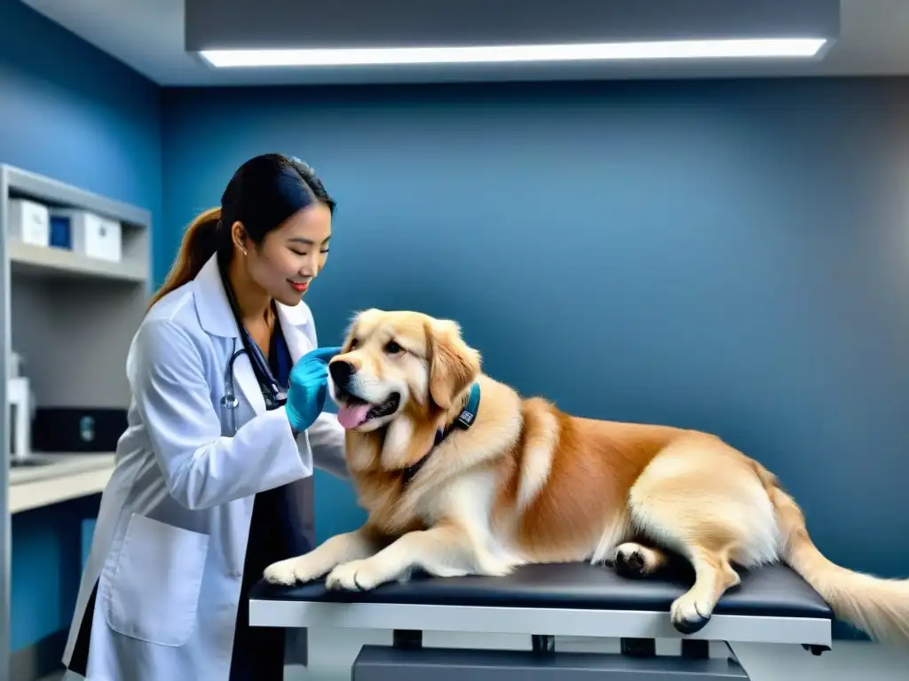 Examen veterinario a golden retriever en clínica moderna Un veterinario examina con cuidado a un perro en una clínica moderna