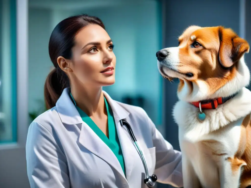Un veterinario examina con cuidado a un perro confiado en una clínica moderna, mostrando el impacto de conservantes en la salud de las mascotas