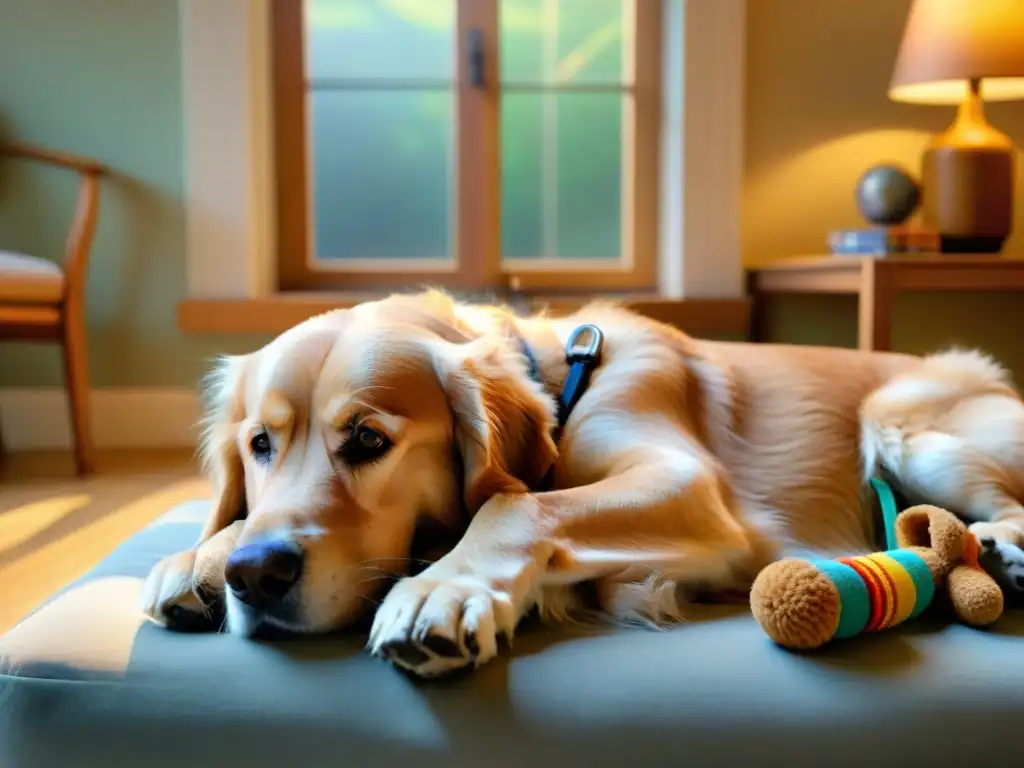Conmovedora consulta veterinaria con un perro mayor y su cuidadosa doctora Un veterinario examina con cuidado a un perro mayor en su cama rodeado de juguetes