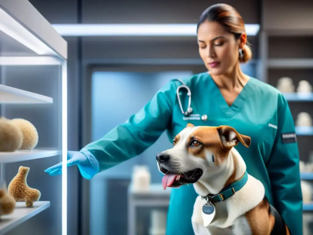 Veterinario creando prótesis 3D personalizada para perro Un veterinario personaliza con cuidado una prótesis 3D para mascotas, fusionando tecnología y cuidado personalizado