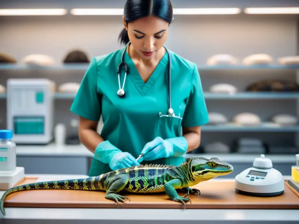 Un veterinario examina con cuidado a un reptil en una clínica, rodeado de herramientas médicas