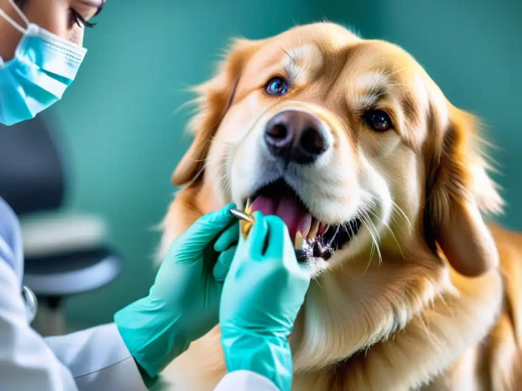 Un veterinario examina con cuidado la salud dental de un golden retriever