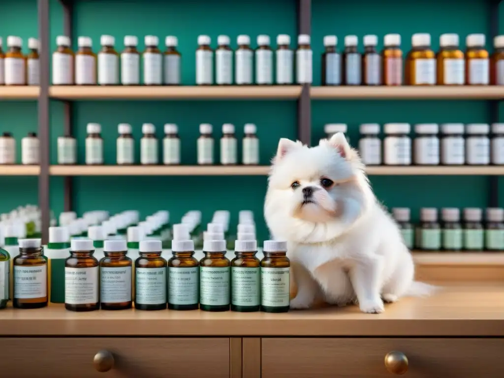 Un veterinario prepara con cuidado una solución homeopática para un perrito blanco, en un entorno profesional