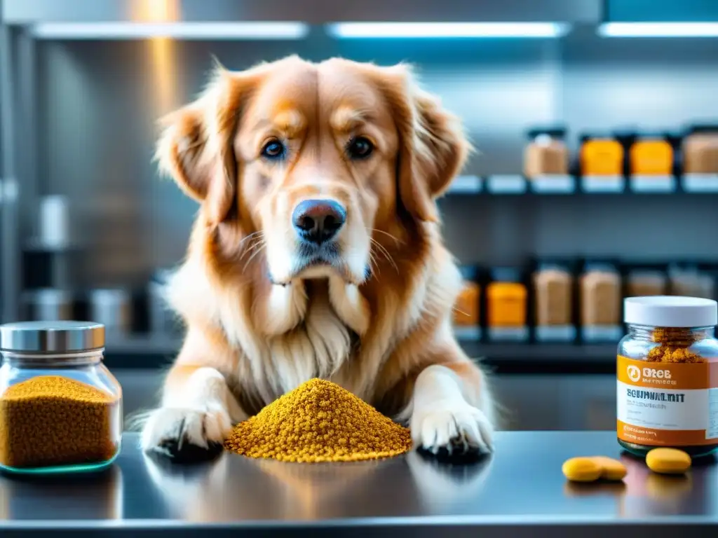 Preparación experta de suplemento personalizado para golden retriever Un veterinario prepara con cuidado suplementos para prevenir enfermedades en un golden retriever