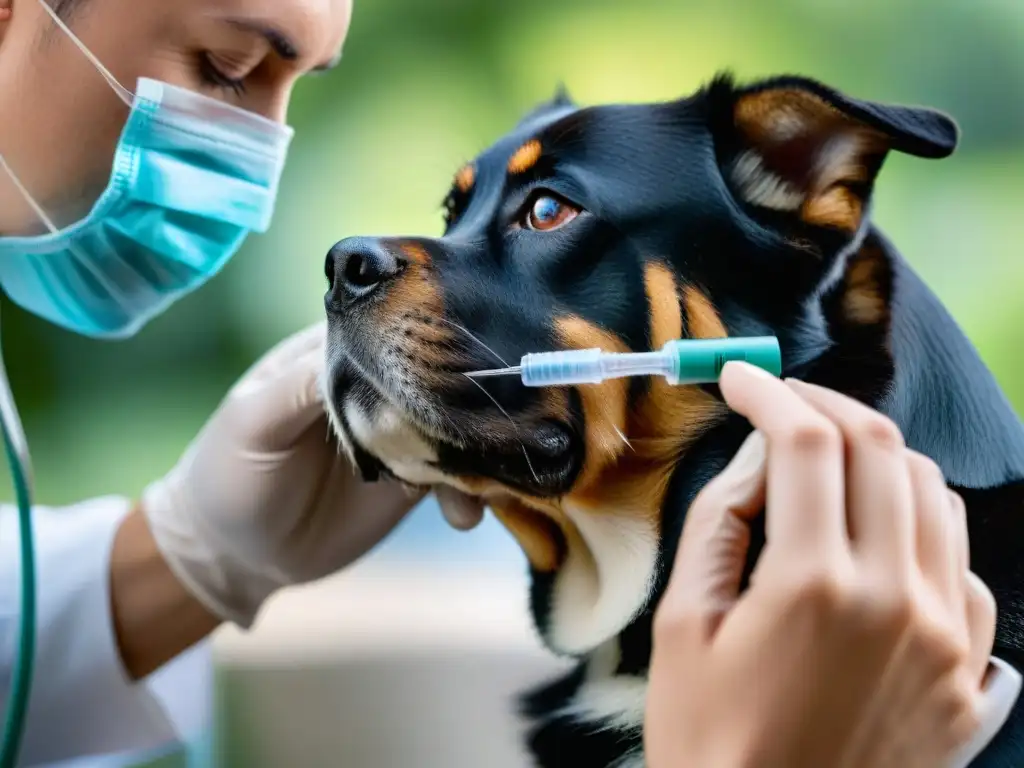 Vacuna antirrábica: Veterinario inyectando a perro con precisión Un veterinario aplica con cuidado la vacuna antirrábica a un perro confiado