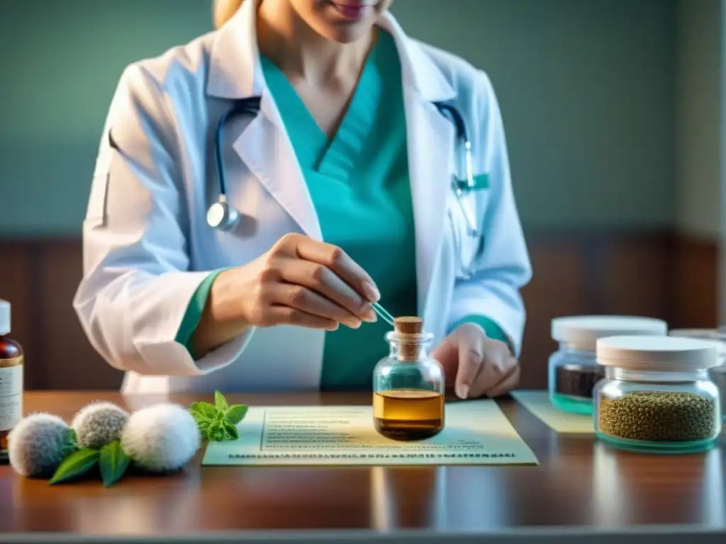 Un veterinario prepara con cuidado una homeopatía veterinaria para mascotas en su acogedor consultorio