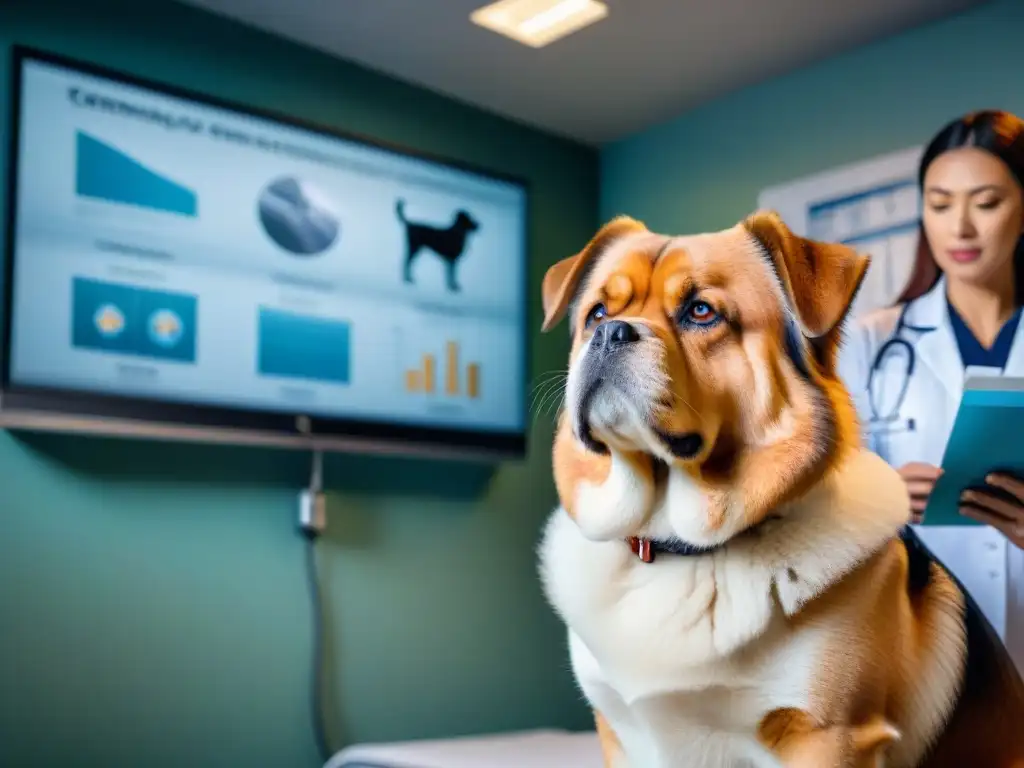 Veterinario examina perro obeso con artritis Veterinario cuidadoso examina perro obeso con artritis