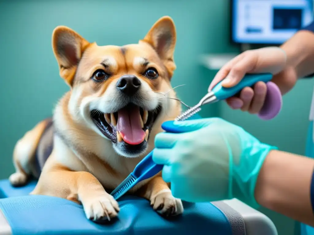 Limpiando dientes caninos: detalle veterinario Un veterinario cuidadoso limpia los dientes de un perro, mostrando dedicación por la salud dental de mascotas