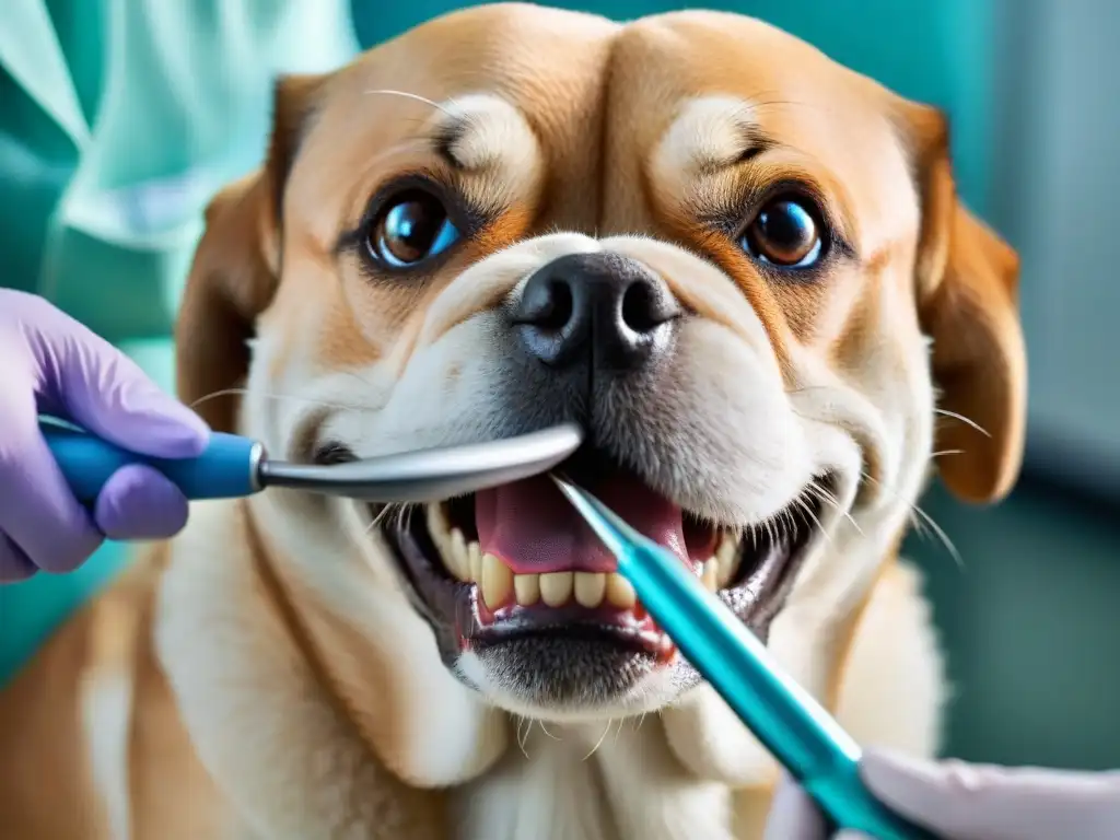Veterinario cuidadoso limpia dientes caninos Un veterinario cuidadoso limpia los dientes de un perro en una clínica iluminada, resaltando la importancia de la salud dental perro calidad vida
