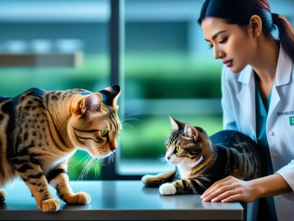 Veterinario compasivo administra medicación a gato feliz Un veterinario cuidadoso administra medicamentos seguros para el dolor a un gato tranquilo mientras un perro leal espera pacientemente
