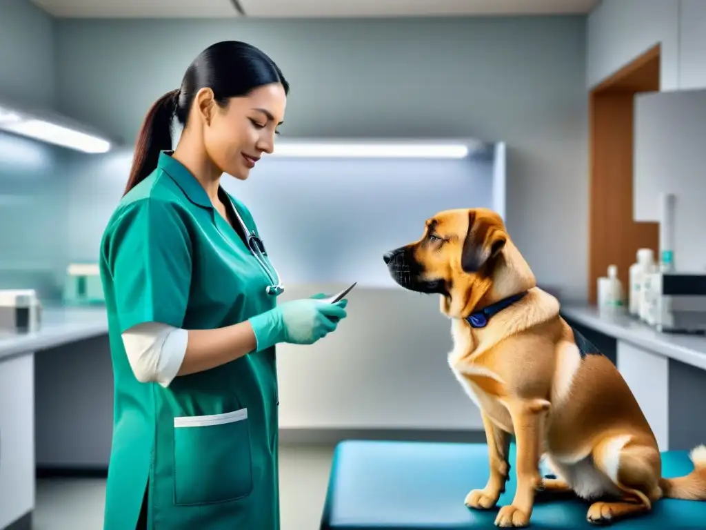 Veterinario dedicado cuidando mascota enferma con suplemento en clínica equipada Veterinario cuidadoso administra suplemento a mascota enferma en clínica veterinaria, mostrando esperanza y recuperación