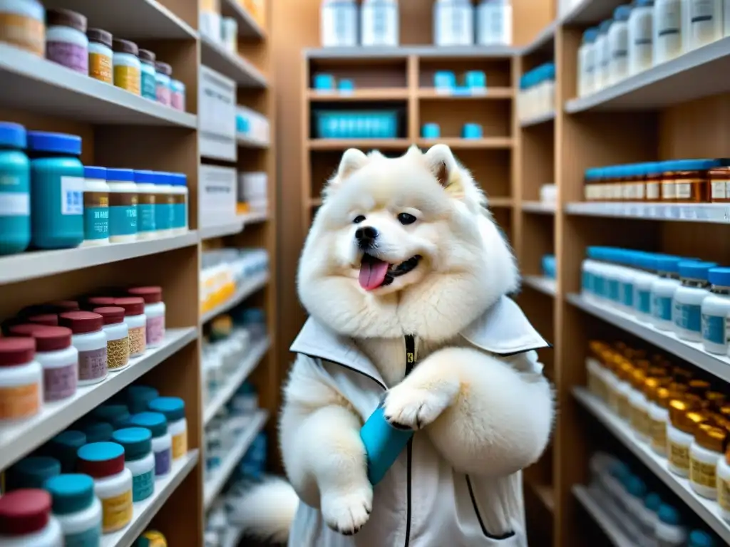 Un veterinario cuidadoso administra un suplemento a un Samoyedo blanco, rodeado de estanterías llenas de suplementos para mascotas