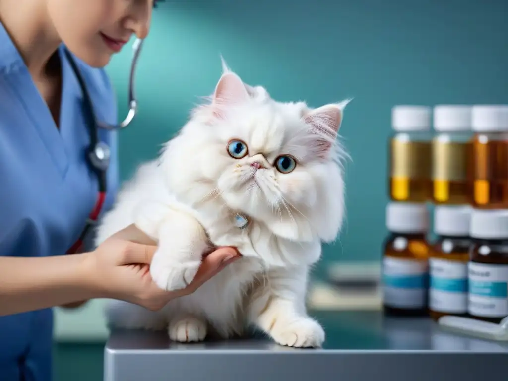 Veterinario cuidadoso administra suplementos líquidos a gato enfermo Veterinario cuidadoso administra suplementos a gato persa enfermo en clínica profesional
