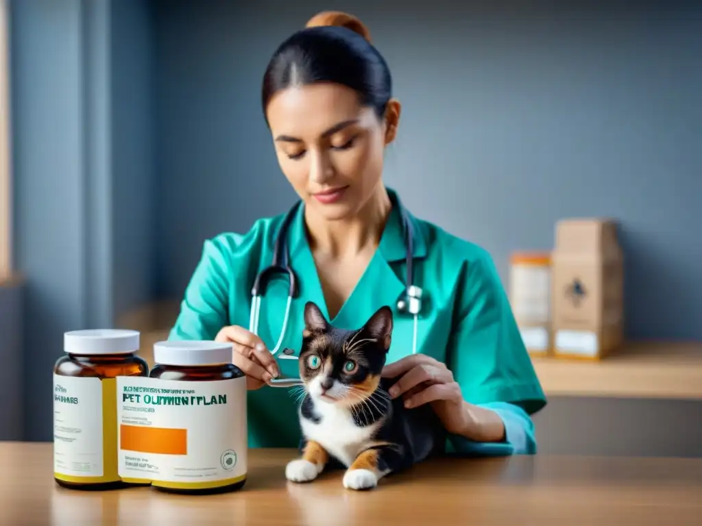 Veterinario cuidadoso administrando suplementos a mascota enferma Un veterinario cuidadoso administra suplementos a una mascota enferma, mostrando profesionalismo y cuidado compasivo en la clínica veterinaria